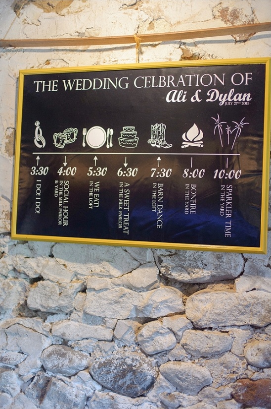 Ali & Dylan's wedding schedule: ceremony, reception, bonfire, sparklers