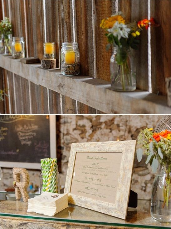 Rustic wedding drink menu and candle decor