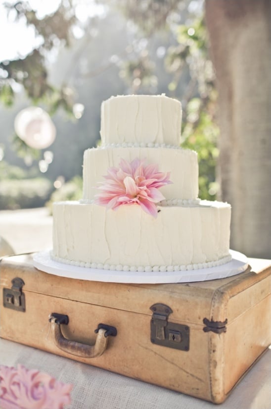 white wedding cake on a suitcase