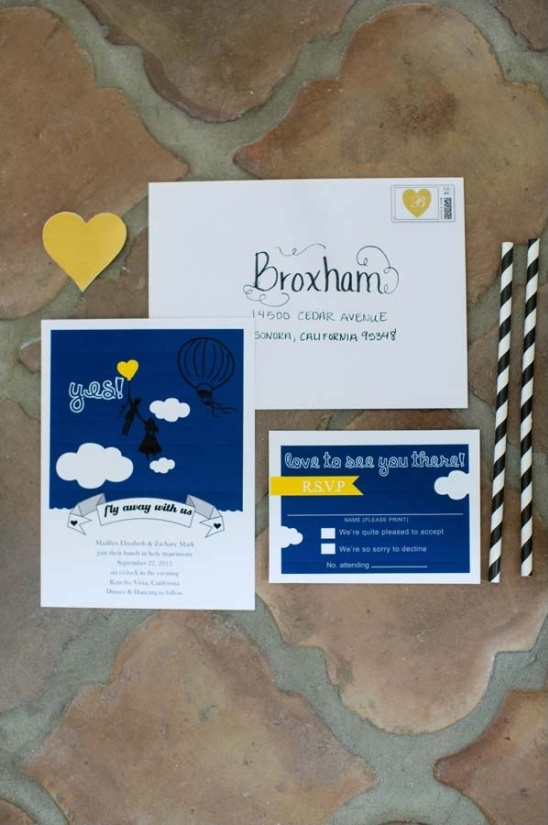 Stylish wedding invitation with hot air balloon design