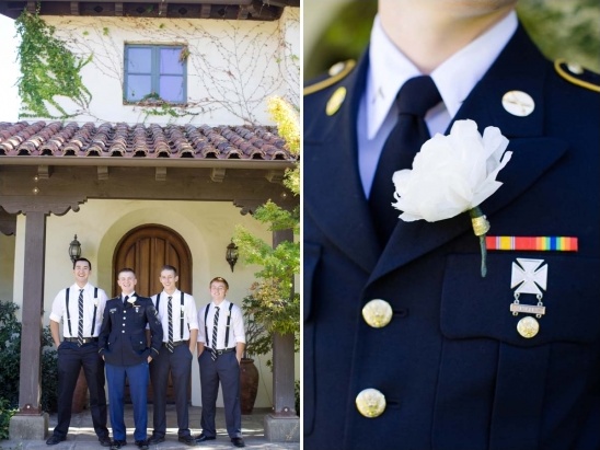 Groomsmen with groom in army uniform wedding attire
