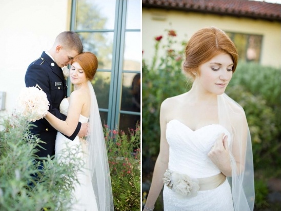 Bride and groom on their wedding day embrace outdoor