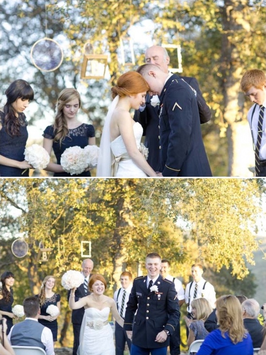 Military groom and bride celebrate outdoor wedding vows