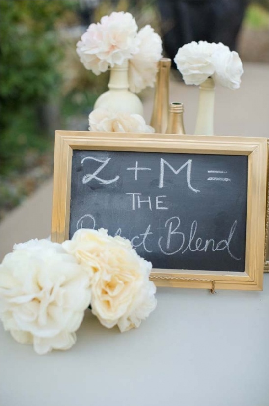 Wedding decor with chalk board and flowers arrangement