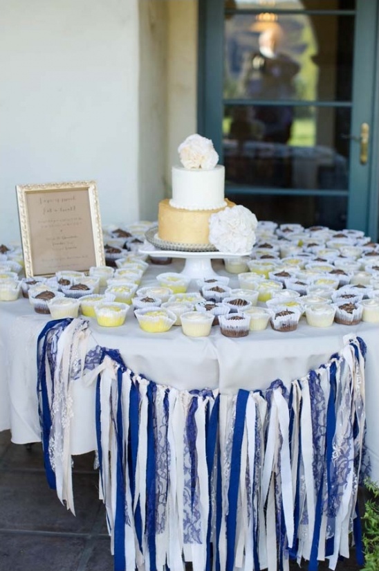 Wedding dessert table with cake and ribbon garland