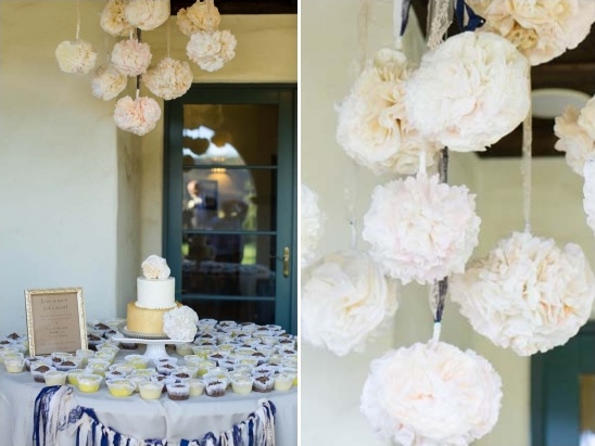 Elegant wedding dessert table with floral pompom decor