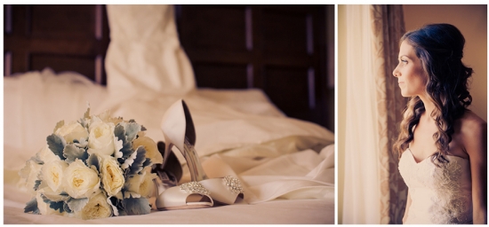 Bride awaits wedding day with dress shoes and bouquet
