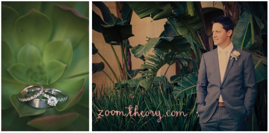 Wedding rings on succulent and groom in garden suit