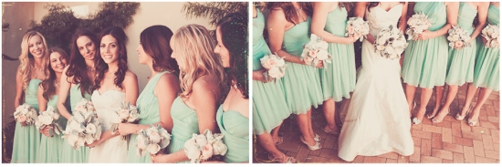 Bridesmaids in mint dresses with a bride in white