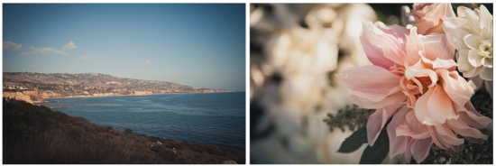 Wedding with ocean views and flower arrangement