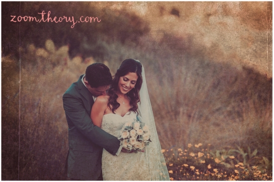 Romantic wedding portrait of bride and groom outdoors