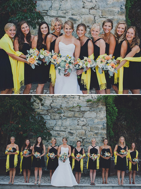 navy bridesmaid dresses with yellow shawls