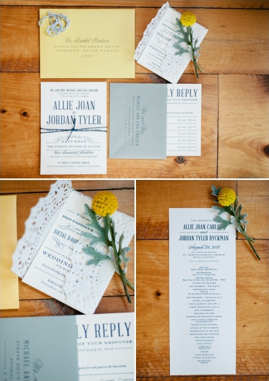 blue, white and yellow wedding stationery by confetti creative co
