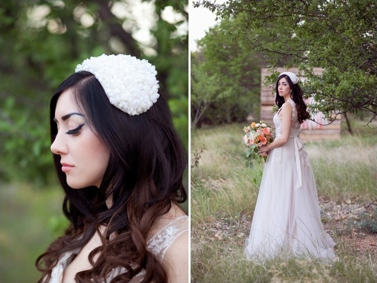 Bride in lace wedding dress, floral  headpiece