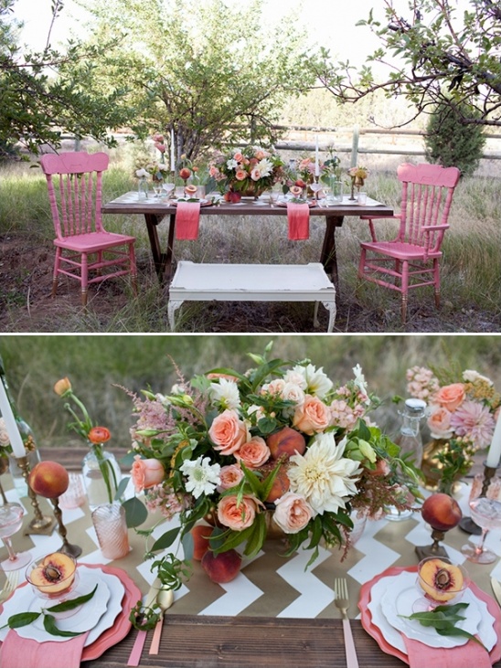 Outdoor wedding table setting with peaches and flowers