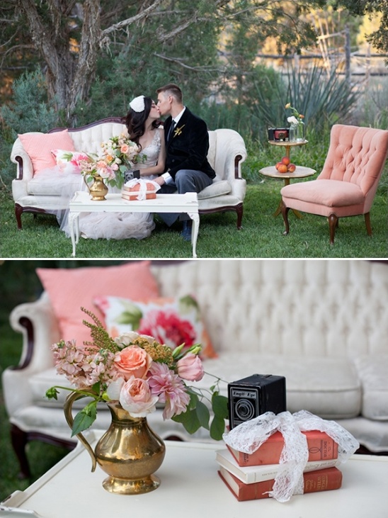 Romantic outdoor wedding with vintage decor and kissing couple