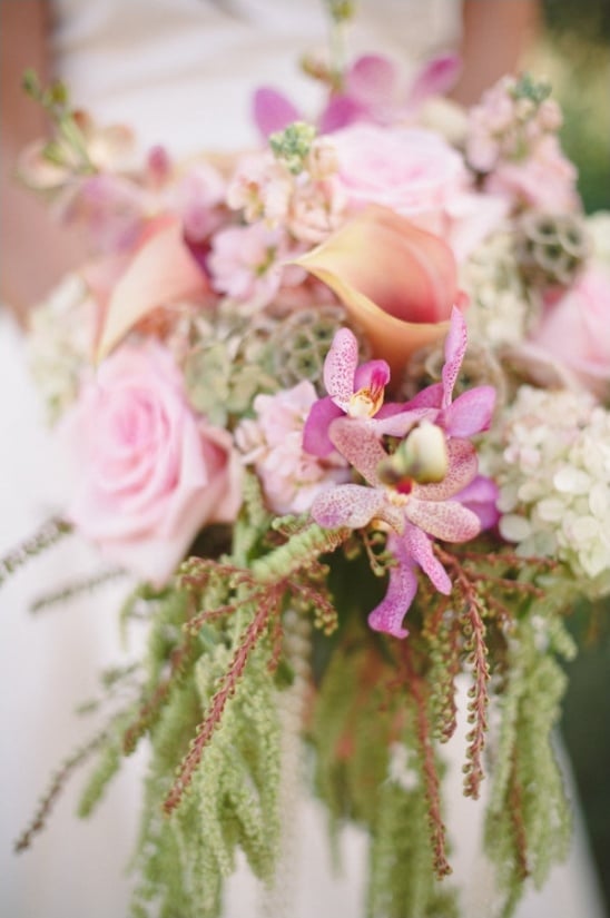 cascading pink and green bridal bouquet by couture fleur