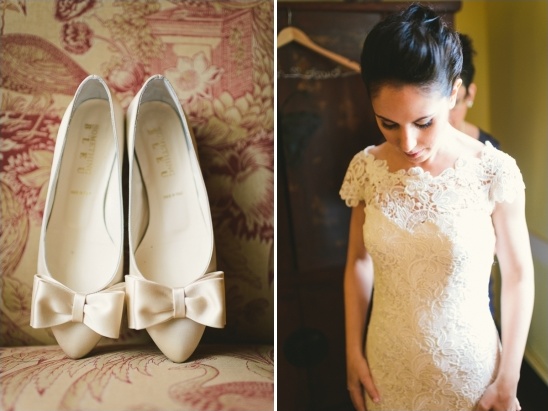 Elegant bridal shoes and lace wedding dress