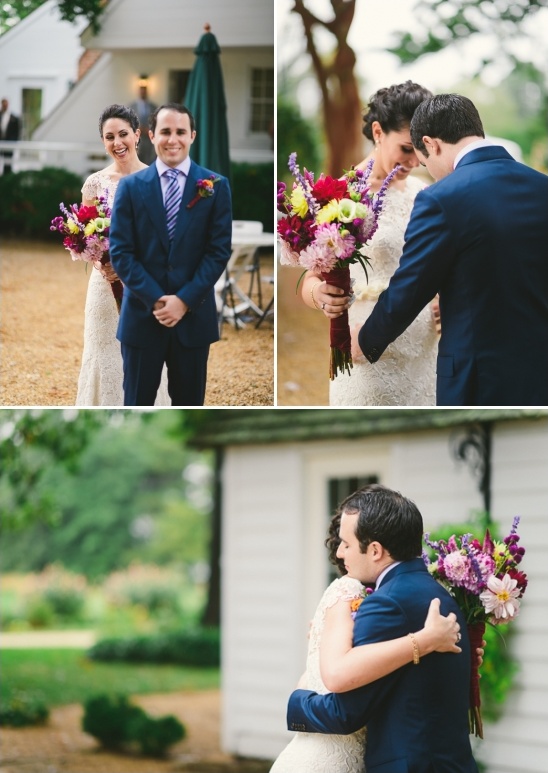 Happy bride and groom first look at wedding