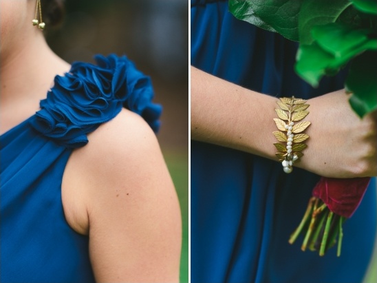 Blue bridesmaid dress detail and gold leaf bracelet