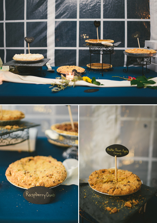 Assorted pies on dessert table at wedding reception