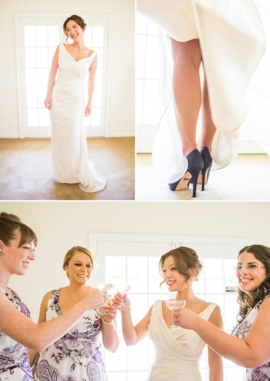Bride in wedding dress and bridesmaids toasting