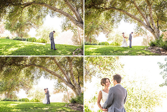 Couple under trees, first look