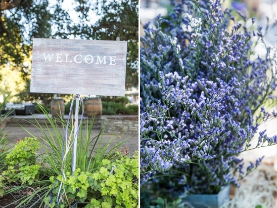 Welcome sign and purple flowers