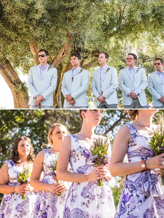 Wedding party in light blue suits and purple dresses