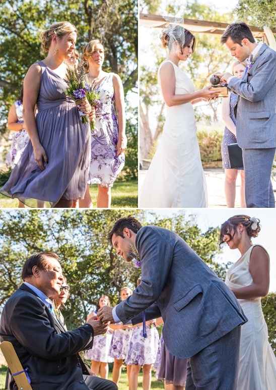 Outdoor wedding ceremony, guests in lavender dresses