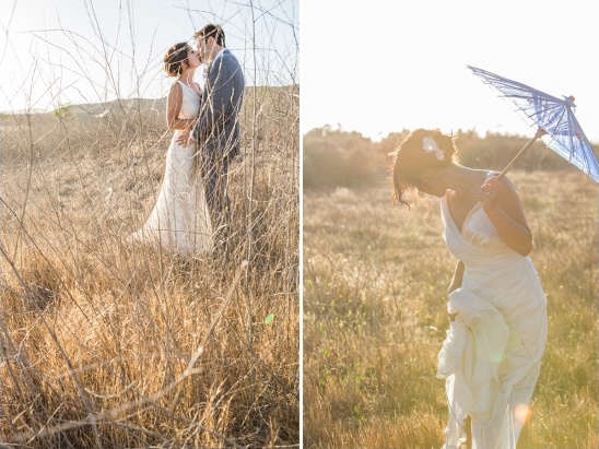 Couple kissing in field, wedding day
