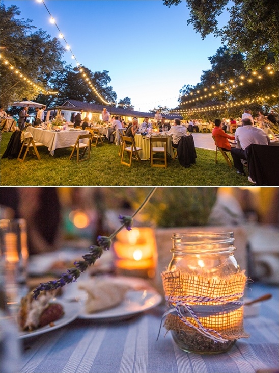 Outdoor wedding reception, lights, tables