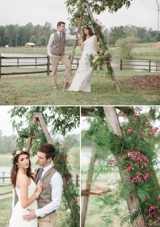repurposed antique ladder turned into a wedding arch with floral garlands