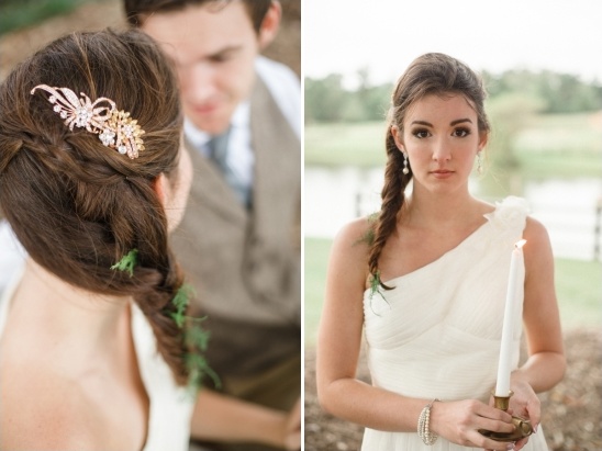 wedding braid with gold comb and feathered greenery