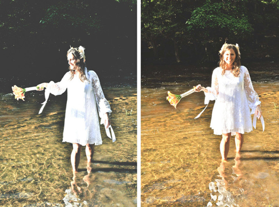 Woman in white dress by flowing water
