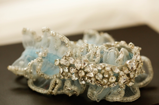 Blue lace wedding garter with crystals