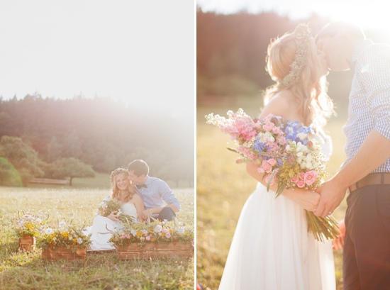 Romantic outdoor wedding photo of couple in a field