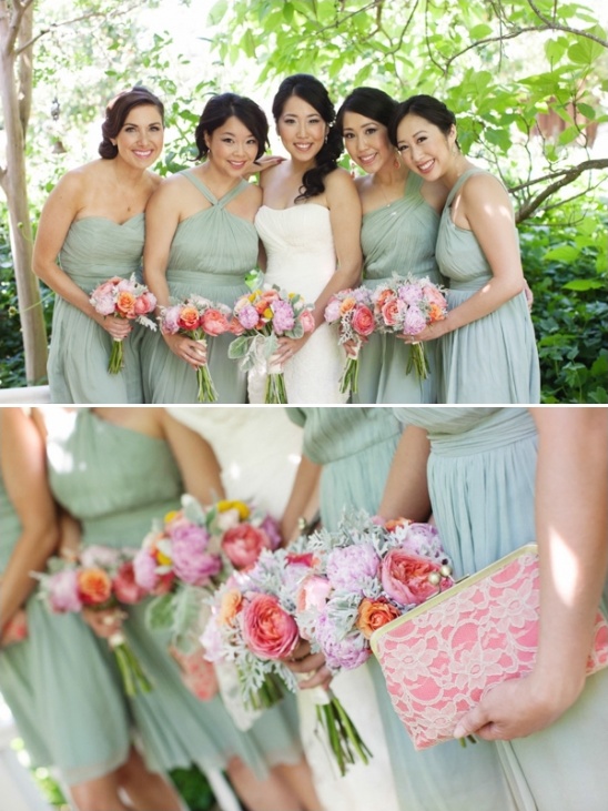 mint bridesmaid dresses and coral lace clutches