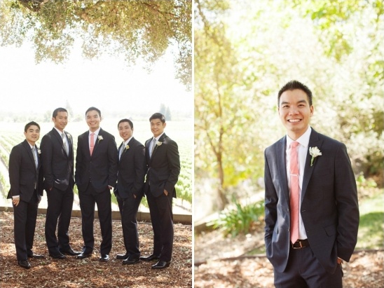 formal groomsmen looks with gray and coral ties