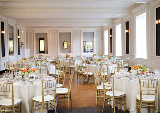 Elegant wedding reception venue with round tables