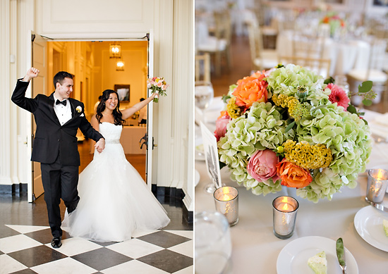 Bride and Groom joyfully enter reception with floral centerpiece
