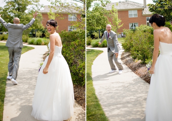 Bride and groom's exciting first look at wedding day