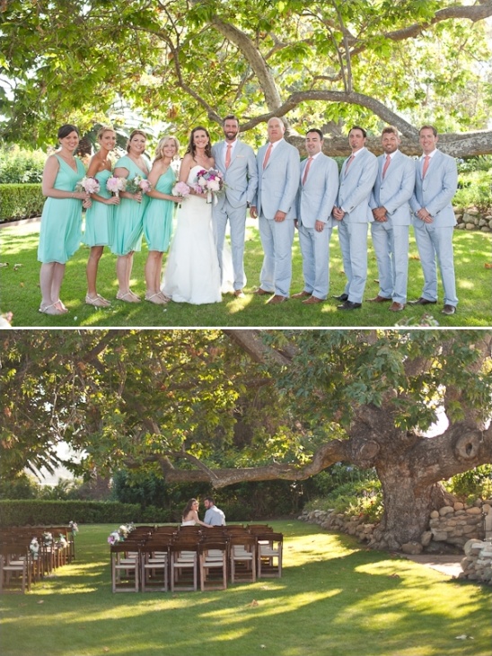 teal and coral wedding party