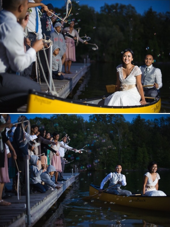 canoe wedding exit with streamers and bubbles