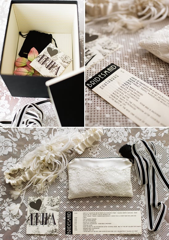 black and white bridesmaid gift with detailed schedule