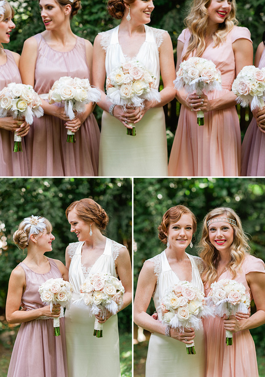 Bridesmaids in 1920s-style gowns hold bouquets