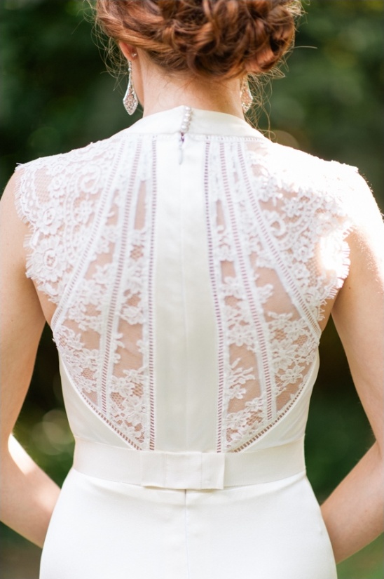 Elegant wedding dress back detail: lace and satin