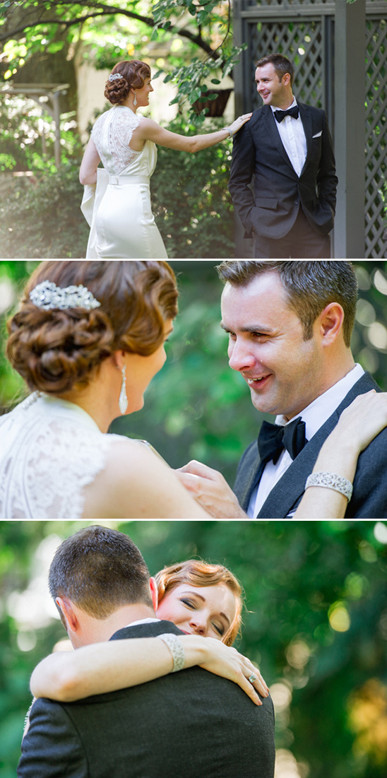 Bride and groom embrace joyfully at wedding
