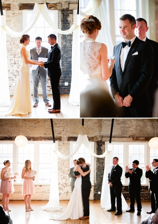 Bride and groom exchanging vows at rustic wedding ceremony