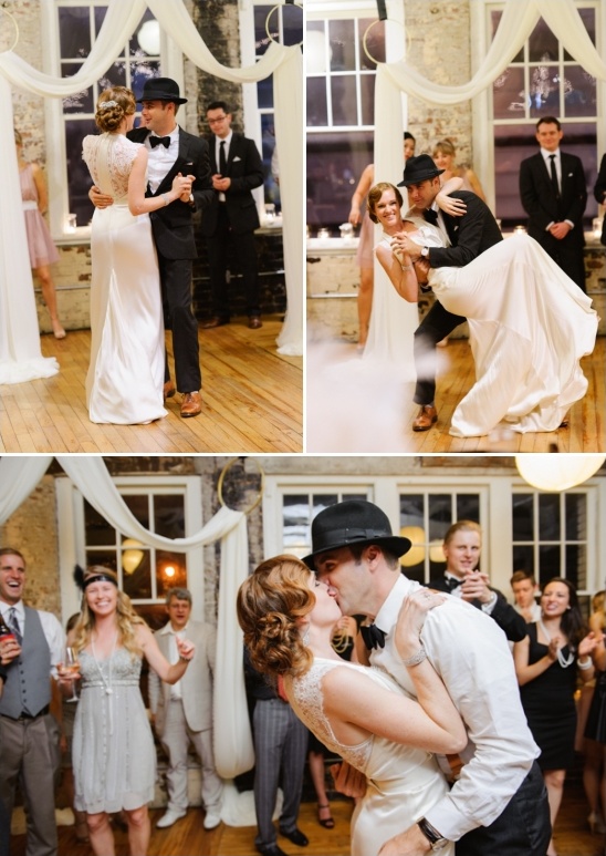 Bride and groom first dance at vintage themed wedding